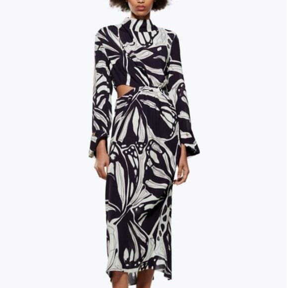 Zara Dresses & Skirts - ZARA Printed Cut-out Long Sleeve Midi Dress Butterfly Print Purple XS